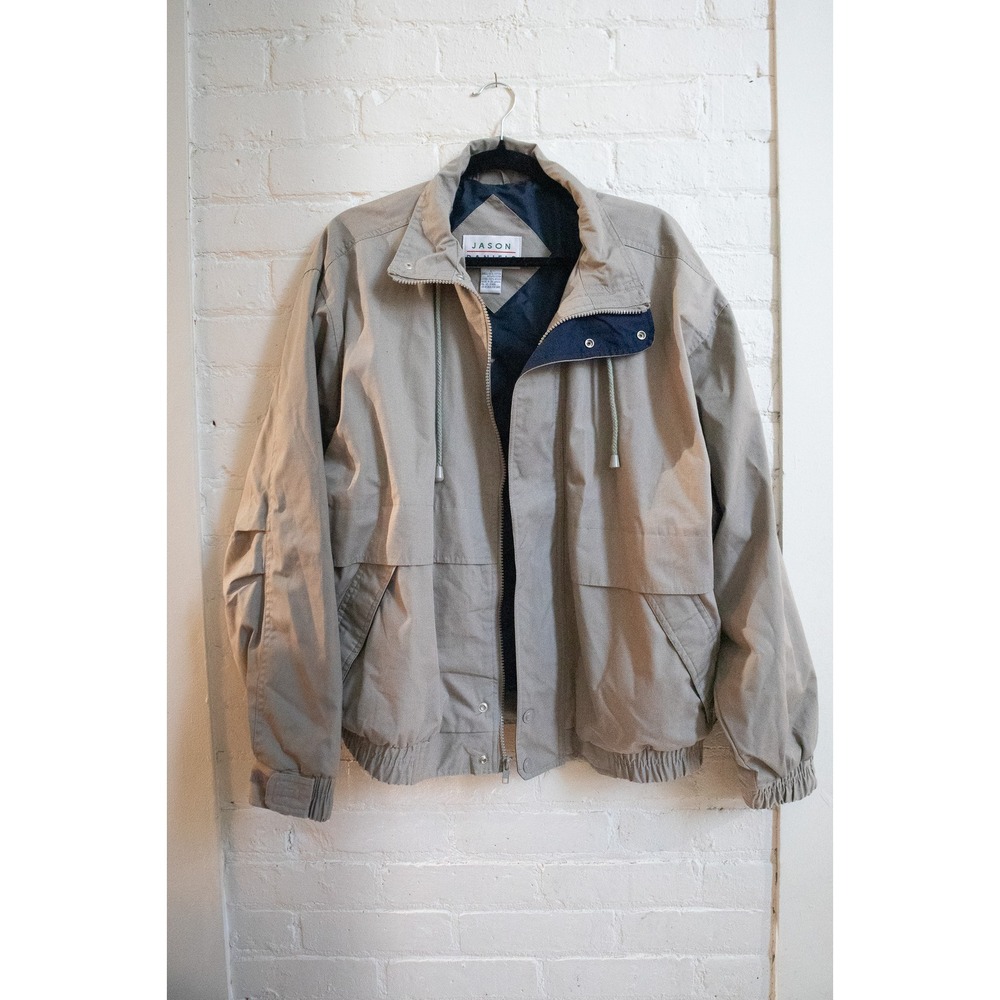 Jason Daniels Vintage Khaki Tan Bomber Jacket Mens Large Windbreaker Navy Lining